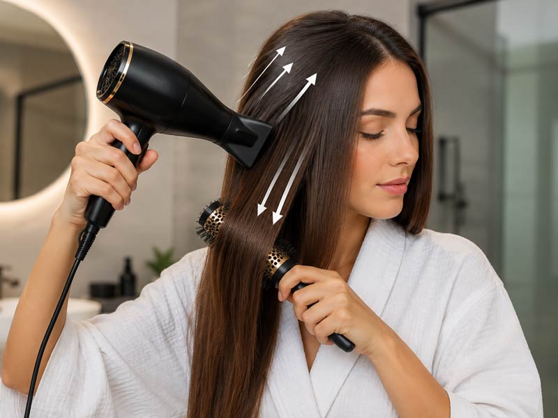 خشک کردن اصولی موهای کراتین شده با باد سشوار از ریشه به سمت ساقه